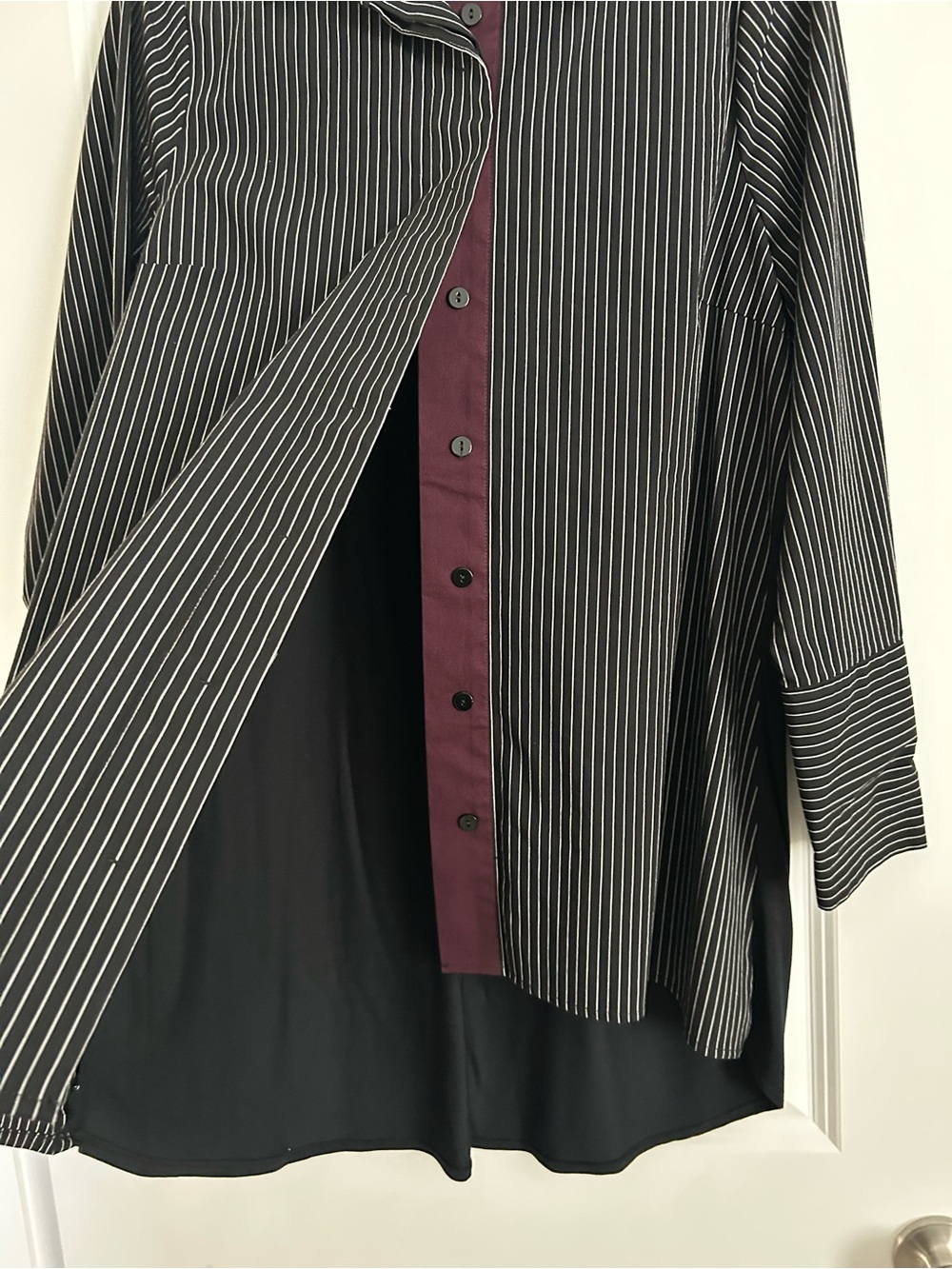 Soft Surroundings Black Pinstripe Shirt with Burgundy Placket